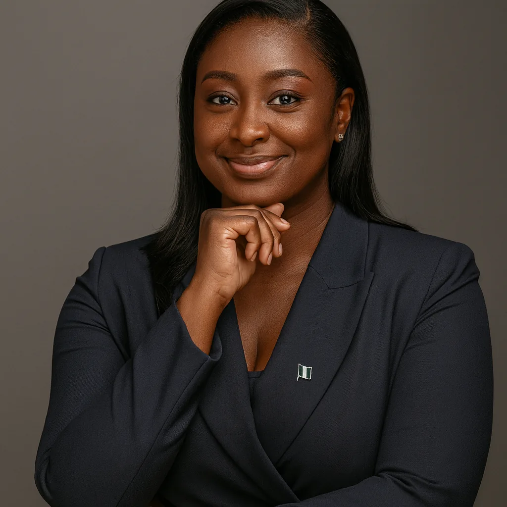 Portrait de Mariam Kamagate, en blazer bleu marine, la main sous le menton.
